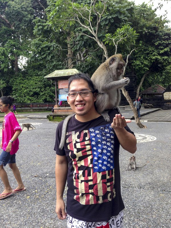 Photo with monkey in Alas Kedaton Bali